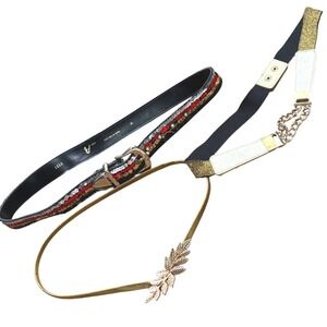 Vintage Festival Sequin Leather Belt & Gold Leaf Elastic Belt Bundle M S/M